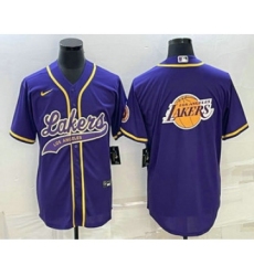 Men's Los Angeles Lakers Purple Team Big Logo Cool Base Stitched Baseball Jersey