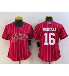 Women's San Francisco 49ers #16 Joe Montana Red Pinstripe With Patch Cool Base Stitched Baseball Jersey
