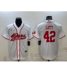Men's San Francisco 49ers #42 Ronnie Lott White With Patch Cool Base Stitched Baseball Jersey