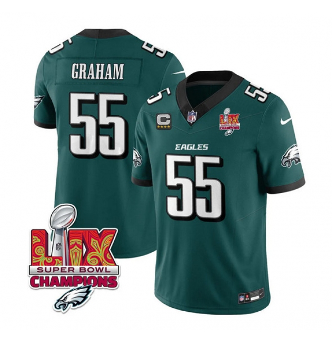 Men's Philadelphia Eagles #55 Brandon Graham Green 2025 Eagles Logo Super Bowl LIX And 4-Star C New F.U.S.E. Vapor Limited Football Stitched Jersey