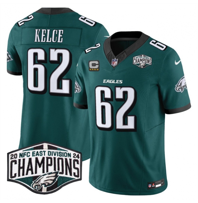 Men's Philadelphia Eagles #62 Jason Kelce Green 2024 New NFC East Champions With 4-Star C F.U.S.E. Vapor Untouchable Limited Stitched Football Jersey