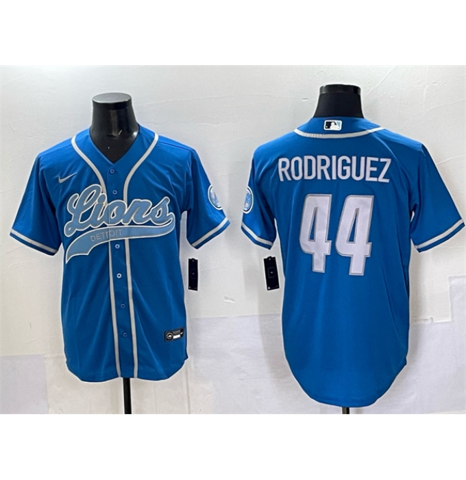 Men's Detroit Lions #44 Malcolm Rodriguez Blue Cool Base Stitched Baseball Jersey
