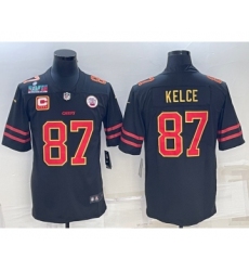 Men’s Kansas City Chiefs #87 Travis Kelce Black Red Gold Super Bowl LVII Patch And 4-star C Patch Vapor Untouchable Limited Stitched Jersey